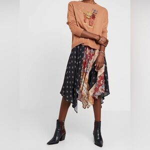 DESIGUAL Boho Black & Rust Floral Handkerchief Hem Skirt size small